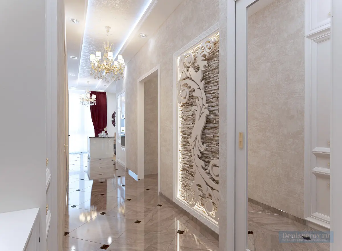 Прихожая 4 кв. м и длинный коридор в трехкомнатной квартире, классический стиль 4